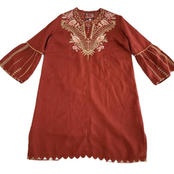 Johnny Was Embroidered Floral Terracotta Boho Linen Tunic Dress READ INFO SZ S - Picture 1 of 16